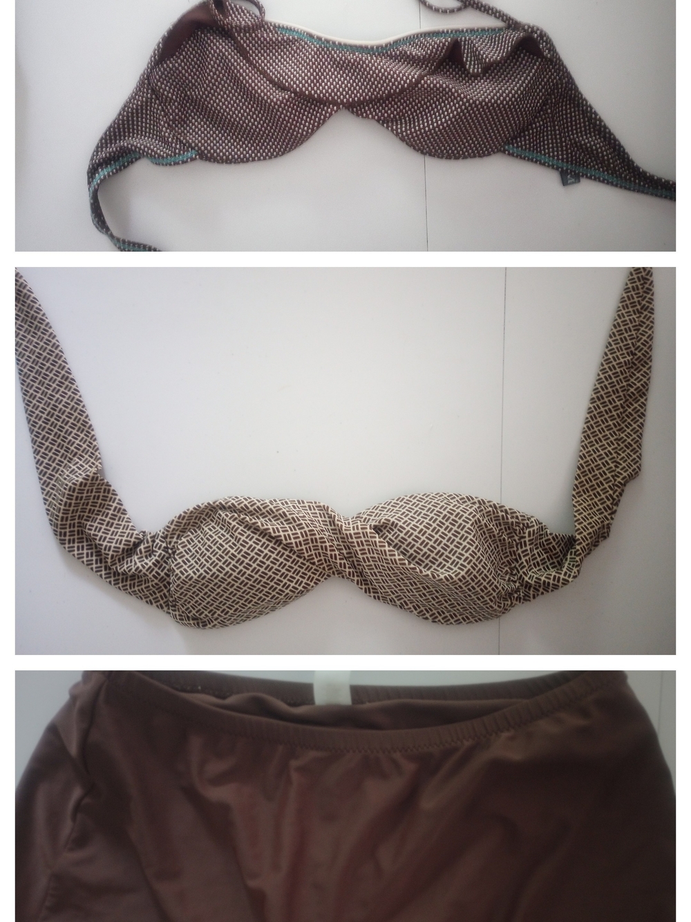 2 Brown Print Bikini Tops and Solid Brown Bottom